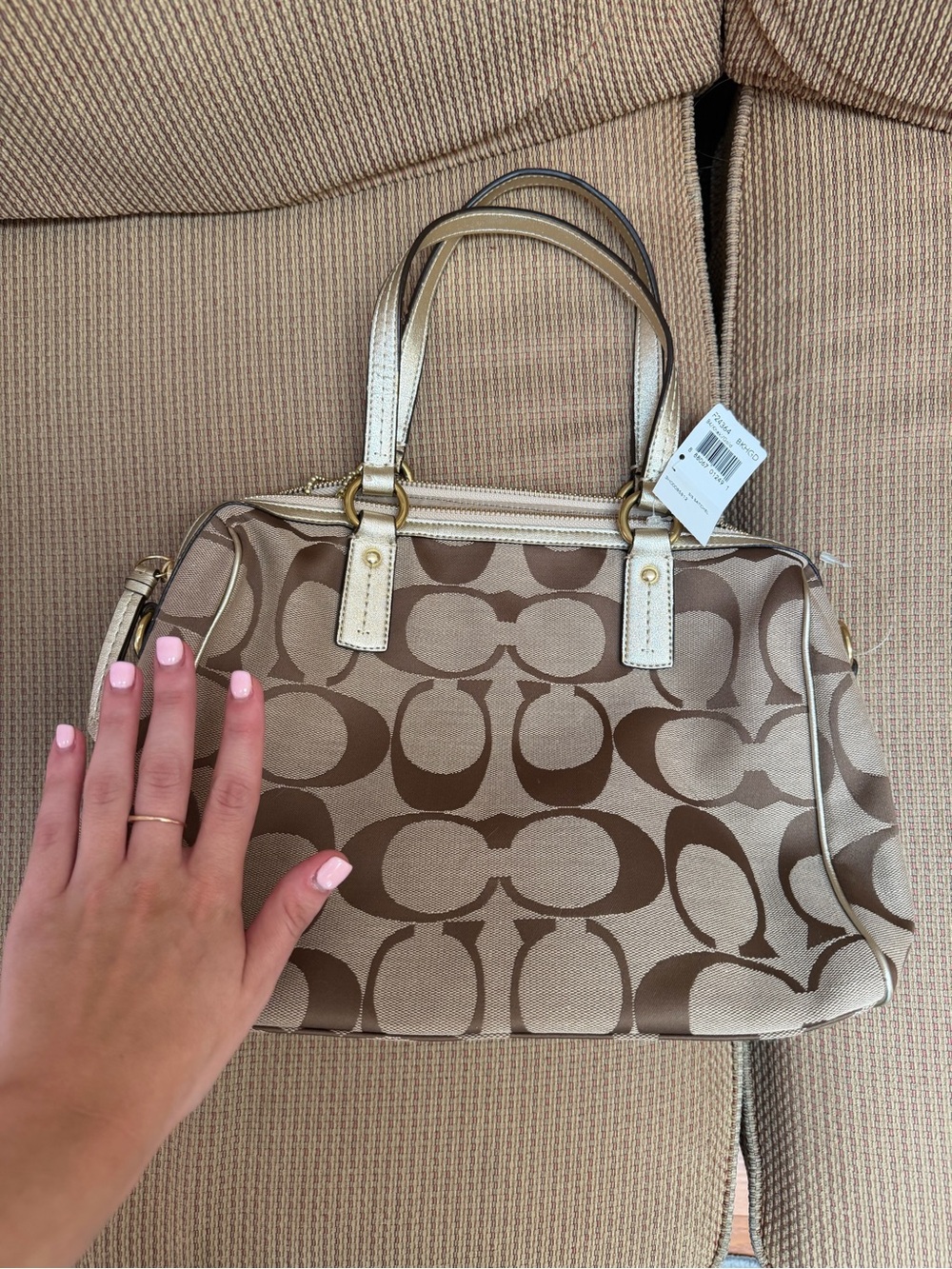 NWT Coach Signature Canvas Satchel Shoulder Bag in Khaki/Gold with extra strap - Picture 3 of 10
